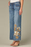Mid Blue Artisanal Denim Contour Shape Technology High Rise Drawstring Waist Floral Applique Wide Leg Jean