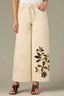 Heathered Birch Denim High Rise Slightly Arched Back Yoke Drawstring Waist Floral Applique Wide Leg Jean