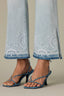 Powder Blue Artisanal Denim Contour Shape Technology High Rise Clean Finish Release Slit Embroidered Hem Barely Boot Jean