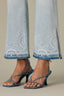 Powder Blue Artisanal Denim Contour Shape Technology High Rise Clean Finish Release Slit Embroidered Hem Petite Barely Boot Jean