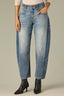 Mid Blue Vintage Denim Contour Shape Technology High Rise V-Shaped Front Pockets Angled Side Panels Barrel Leg Jean