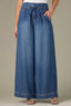 Mid Blue Denim Contour Shape Technology Ultra Skyrise Angled Dart Seams Smocked Waist Tie Leg Darts Wide Leg Jean