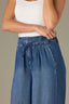 Mid Blue Denim Contour Shape Technology Ultra Skyrise Angled Dart Seams Smocked Waist Tie Leg Darts Petite Wide Leg Jean