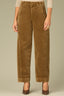 Vintage Golden Olive Corduroy Contour Shape Technology Skyrise Double Hook Button Zip Closure Curved Front Pockets Dart Seams Angled Side Seams Relaxed Barrel Leg Trouser