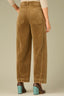 Vintage Golden Olive Corduroy Contour Shape Technology Skyrise Double Hook Button Zip Closure Curved Front Pockets Dart Seams Angled Side Seams Relaxed Barrel Leg Trouser