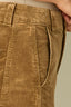 Vintage Golden Olive Corduroy Contour Shape Technology Skyrise Double Hook Button Zip Closure Curved Front Pockets Dart Seams Angled Side Seams Relaxed Petite Barrel Leg Trouser