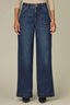 Indigo Denim Contour Shape Technology Skyrise V-Yoke Double Front Slash Pockets Side Panel Dart Seams Wide Leg Jean