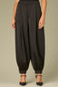 Black Silky Woven Ultra Skyrise Round Up Yoke Double Hook Button Zip Closure Slash Pockets Cinched Button Cuff Hem Petite Glider Balloon Pant