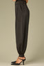 Black Silky Woven Ultra Skyrise Round Up Yoke Double Hook Button Zip Closure Slash Pockets Cinched Button Cuff Hem Petite Glider Balloon Pant