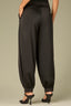 Black Silky Woven Ultra Skyrise Round Up Yoke Double Hook Button Zip Closure Slash Pockets Cinched Button Cuff Hem Glider Balloon Pant
