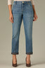 Mid Blue Artisanal Denim Contour Shape Technology Mid-Rise Slightly Arched Back Yoke Slash Front Pockets Roll Cuff Hem Petite Gemma Girlfriend Jean