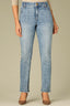 Blue Denim Contour Shape Technology High Rise Slightly Arched Yoke Patch Pockets Slit Hem Petite Cigarette Jean