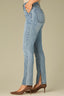 Blue Denim Contour Shape Technology High Rise Slightly Arched Yoke Patch Pockets Slit Hem Petite Cigarette Jean