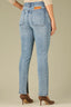 Blue Denim Contour Shape Technology High Rise Slightly Arched Yoke Patch Pockets Slit Hem Petite Cigarette Jean