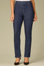 Indigo Denim Contour Shape Technology High Rise Slightly Arched Yoke Patch Pockets Red Stitch Rivet Accents Slit Hem Cigarette Jean