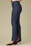 Indigo Denim Contour Shape Technology High Rise Slightly Arched Yoke Patch Pockets Red Stitch Rivet Accents Slit Hem Petite Cigarette Jean