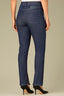 Indigo Denim Contour Shape Technology High Rise Slightly Arched Yoke Patch Pockets Red Stitch Rivet Accents Slit Hem Petite Cigarette Jean