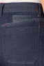 Indigo Denim Contour Shape Technology High Rise Slightly Arched Yoke Patch Pockets Red Stitch Rivet Accents Slit Hem Cigarette Jean