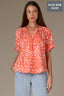 Papaya Punch Multi Short Half Cinched Raglan Sleeve Embroidered Overlap V-Placket Stand Collar Split V-Neck Smock Floral Print Plus Size Woven Top