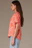 Papaya Punch Multi Short Half Cinched Raglan Sleeve Embroidered Overlap V-Placket Stand Collar Split V-Neck Smock Floral Print Plus Size Woven Top