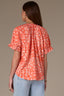 Papaya Punch Multi Short Half Cinched Raglan Sleeve Embroidered Overlap V-Placket Stand Collar Split V-Neck Smock Floral Print Plus Size Woven Top