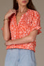Papaya Punch Multi Short Half Cinched Raglan Sleeve Embroidered Overlap V-Placket Stand Collar Split V-Neck Smock Floral Print Plus Size Woven Top