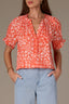 Papaya Punch Multi Short Half Cinched Raglan Sleeve Embroidered Overlap V-Placket Stand Collar Split V-Neck Smock Floral Print Plus Size Woven Top