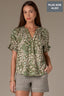 Rolling Hill Green Multi Short Half Cinched Raglan Sleeve Embroidered Overlap V-Placket Stand Collar Split V-Neck Smock Floral Print Plus Size Woven Top