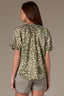 Rolling Hill Green Multi Short Half Cinched Raglan Sleeve Embroidered Overlap V-Placket Stand Collar Split V-Neck Smock Floral Print Plus Size Woven Top