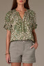 Rolling Hill Green Multi Short Half Cinched Raglan Sleeve Embroidered Overlap V-Placket Stand Collar Split V-Neck Smock Floral Print Plus Size Woven Top