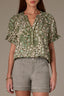 Rolling Hill Green Multi Short Half Cinched Raglan Sleeve Embroidered Overlap V-Placket Stand Collar Split V-Neck Smock Floral Print Plus Size Woven Top