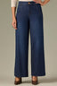 Indigo Denim Contour Shape Technology Skyrise Angled Dart Seams Curved Front Pockets Whiskering Fading Wide Tulip Hem Whitney Wide Leg Jean