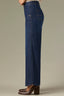 Indigo Denim Contour Shape Technology Skyrise Angled Dart Seams Curved Front Pockets Whiskering Fading Wide Tulip Hem Whitney Wide Leg Jean
