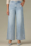 Light Blue Denim Contour Shape Technology Skyrise Angled Dart Seams Curved Front Pockets Whiskering Fading Wide Tulip Hem Whitney Wide Leg Jean