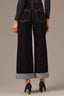 Black Denim High Rise Contour Shape Technology Double Peak Yoke Cuffed Hem Wide Leg Jean