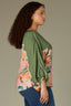 Basil Multi Three Quarter Cinched Peasant Sleeve Boat Neck Hi-Low Shirttail Hem Abstract Placement Floral Print Plus Size Woven Top