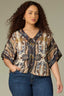 Stormy Blue Ecru Multi Elbow Roll Cuff Dolman Sleeve V-Neck Tie Button Down Placket Back Center Seam Hi-Low Lace Edge Hem Abstract Print Plus Size Woven Top