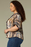Stormy Blue Ecru Multi Elbow Roll Cuff Dolman Sleeve V-Neck Tie Button Down Placket Back Center Seam Hi-Low Lace Edge Hem Abstract Print Plus Size Woven Top