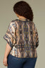 Stormy Blue Ecru Multi Elbow Roll Cuff Dolman Sleeve V-Neck Tie Button Down Placket Back Center Seam Hi-Low Lace Edge Hem Abstract Print Plus Size Woven Top