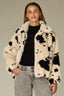 Birch Black Spots Cinched Blouson Raglan Sleeve Collar Neck Snap Button Front Side Pockets Cow Print Straight Cinched Hem Faux Fur Bomber Jacket