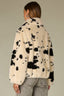 Birch Black Spots Cinched Blouson Raglan Sleeve Collar Neck Snap Button Front Side Pockets Cow Print Straight Cinched Hem Faux Fur Bomber Jacket