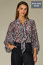 Black Plum Multi Long Peasant Sleeve Stand Collar Split Neck Tie Abstract Print Round Hem Woven Burnout Velvet Plus Size Top