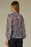 Black Plum Multi Long Peasant Sleeve Stand Collar Split Neck Tie Abstract Print Round Hem Woven Burnout Velvet Plus Size Top