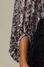 Black Plum Multi Long Peasant Sleeve Stand Collar Split Neck Tie Abstract Print Round Hem Woven Burnout Velvet Plus Size Top