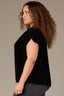 Black Extended Short Sleeve Shirred Shoulder Back Yoke Smock High Round Neck Woven Velvet Plus Size Top