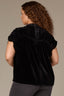 Black Extended Short Sleeve Shirred Shoulder Back Yoke Smock High Round Neck Woven Velvet Plus Size Top
