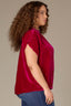 Raspberry Rose Extended Short Sleeve Shirred Shoulder Back Yoke Smock High Round Neck Woven Velvet Plus Size Top
