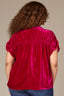 Raspberry Rose Extended Short Sleeve Shirred Shoulder Back Yoke Smock High Round Neck Woven Velvet Plus Size Top