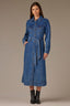 Mid Blue Denim Long Sleeve Button Down Collared Neck Self Tie Waist Petite Denim Dress