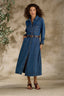 Mid Blue Denim Long Sleeve Button Down Collared Neck Self Tie Waist Denim Dress